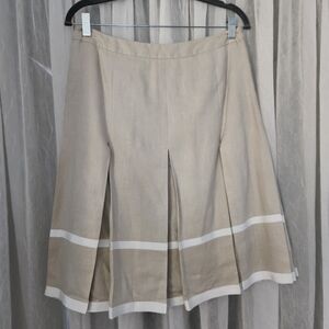 EUC Jones New York Tan Midi Box Pleat Skirt w/  White Grosgrain Ribbon Accent